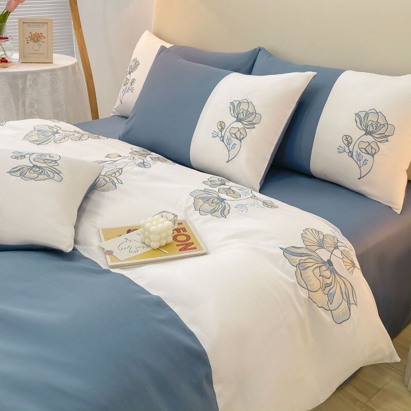 100%Cotton Patchwork Duvet Cover Premium Soft 4Pcs Bedding set Elegant Flowered Embroidery Comforter Cover Bed Sheet Pillowcases 5