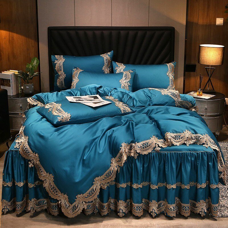 Premium 100% Egyptian Cotton Shabby Vintage Elegant Lace Bedding set Zipper Duvet Cover Ruffle 160X200cm Bed Skirt Pillowcases 1