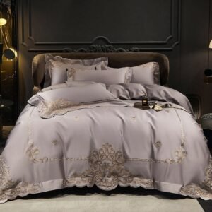 Luxury Chic Embroidered Egyptian Cotton Duvet Cover Set Soft King/Queen size 4Pcs Purple Blue Duvet cover Bed Sheet Pillowcases 1