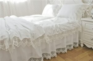 4Pieces Chic Lace edge Duvet Cover Bedskirt Set 100%Cotton Soft Bright White Twin Queen King Size Princess Girls Bedding set 1