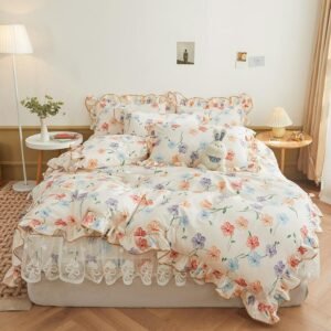 100%Cotton Bedding set Twin Queen King Girls Floral Ruffles Lace Duvet Cover set Fitted sheet Pillowcases 3/4Pcs Garden Flowers 1