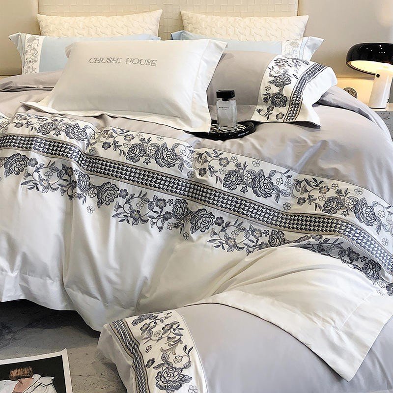 Vintage Chic Embroidery 4Pcs Bedding set Blue Gray Patchwork 1000TC Egyptian Cotton Soft Quilt Cover Bed Sheet Pillowcases 4