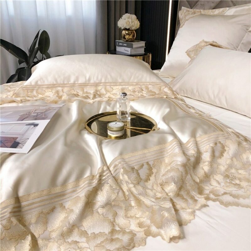 Chic Flowers Wide Lace Duvet Cover Satin+Egyptian Cotton Beige Pink Bedding Comforter Cover Bed Sheet Ultra Soft Silky 4/7Pcs 6