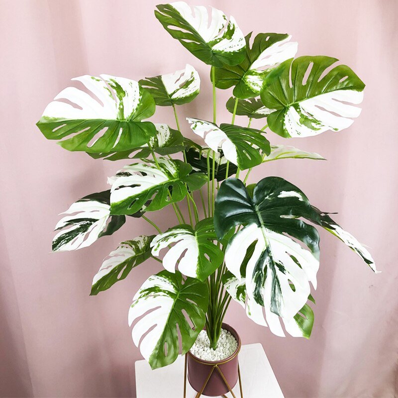 75cm 24Heads Tropical Monstera Plants Large Artificial Palm Tree Plastic Green Leaves Fake Turtle Foliage For Home Party Decor 5