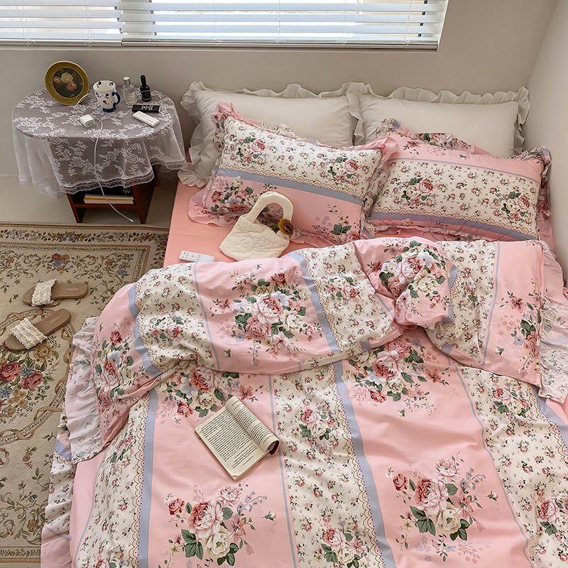100%Cotton Chic Vintage Rose Flowers Duvet Cover Set Queen Twin Elegant Women Bedding set Comforter Cover Bed Sheet Pillowcase 4