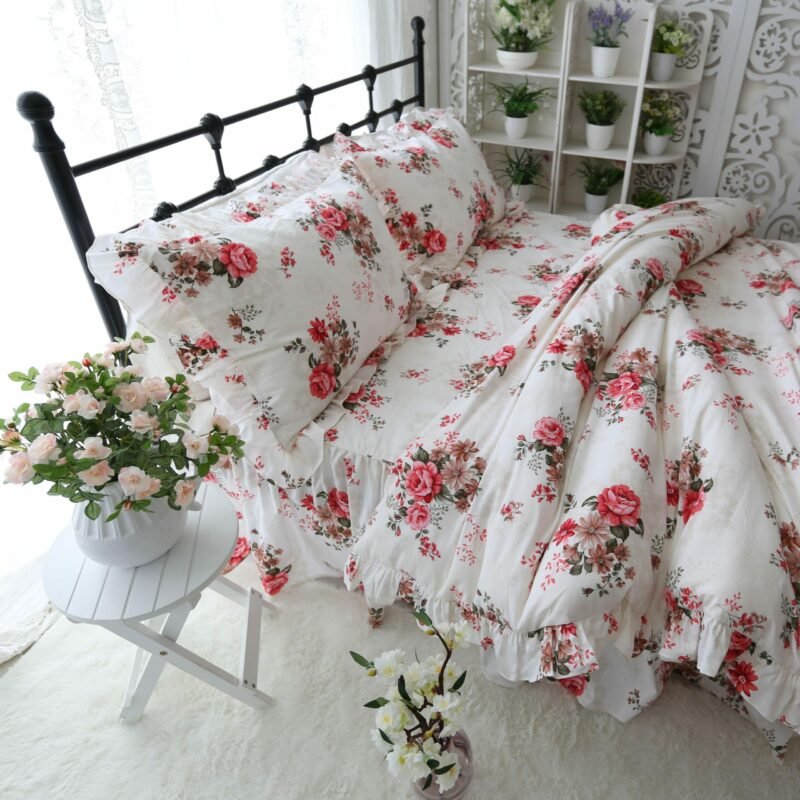 100%Cotton Ultra Soft Breathable Bedding Duvet Cover Set Twin Full Queen size Vibrant Floral Print Ruffles Bedding set Bedskirt 4