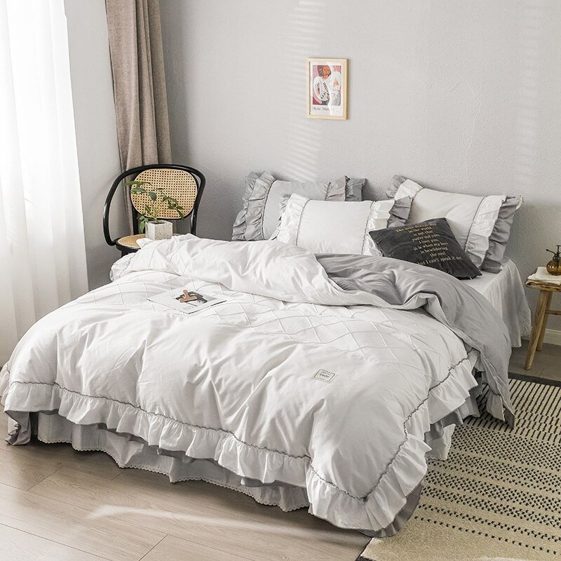 100%Cotton Plaid Pleat Bed Set Off White Multi Layers Ruffles Girls Duvet cover Bedding 4Pcs Queen King size Bed skirt Pillows 2