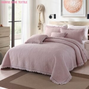 Luxury Dusty Pink and Gray Floral Pattern Quilted Cotton Bedspread Queen 3Pcs Chic Lace Edge Coverlet Pillow shams Bedding set 1