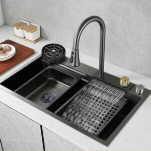 Kichen Sink Waterfall Faucet Nano Sink 304 Stainless Steel Topmount Single Bowl Wash Basin with Chopping Board Drain Accessories 1