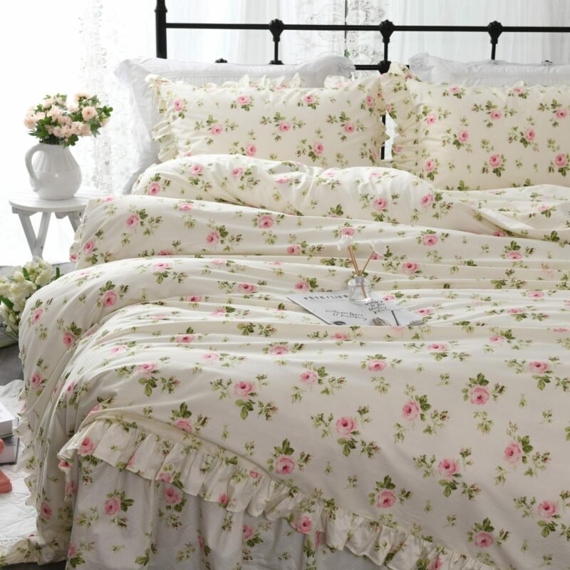 4 Pieces Beige Pink Rufflers Duvet Cover Bedskirt Set 160x200cm Bedding Set Colorful Flowers Pastoral Style Twin Queen King size 2