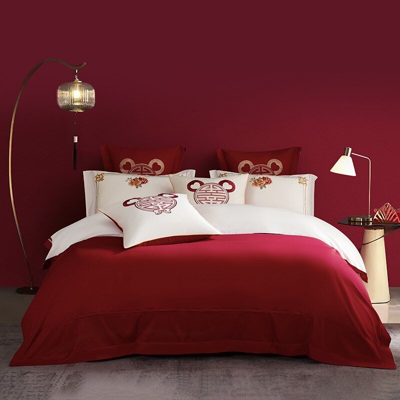 Luxury Double Happiness Blossom Embroidery Wedding Red Bedding Set 4/7Pc 1000TC Egyptian Cotton Duvet cover Bed sheet Pillowcase 5