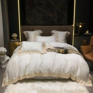 Exquisite Gold Embroidery 1000TC Egyptian Cotton Premium Bedding Set Duvet Cover Bed Sheet Pillow shams Luxuious Soft Off White 1