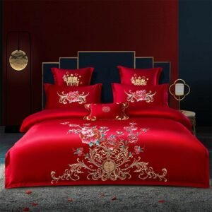 4/6/8/10Pcs 100%Cotton Red Pink Duvet Cover Set King Queen Luxury Embroidery Floral Love You Wedding Bedding Bedsheet Pillowcase 1