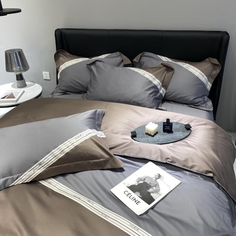 4Pcs 1000TC Premium Egyptian Cotton Grey/Coffee Geometric Patchwork Duvet Cover set Bed Sheet Pillowcases Double Queen King Size 3