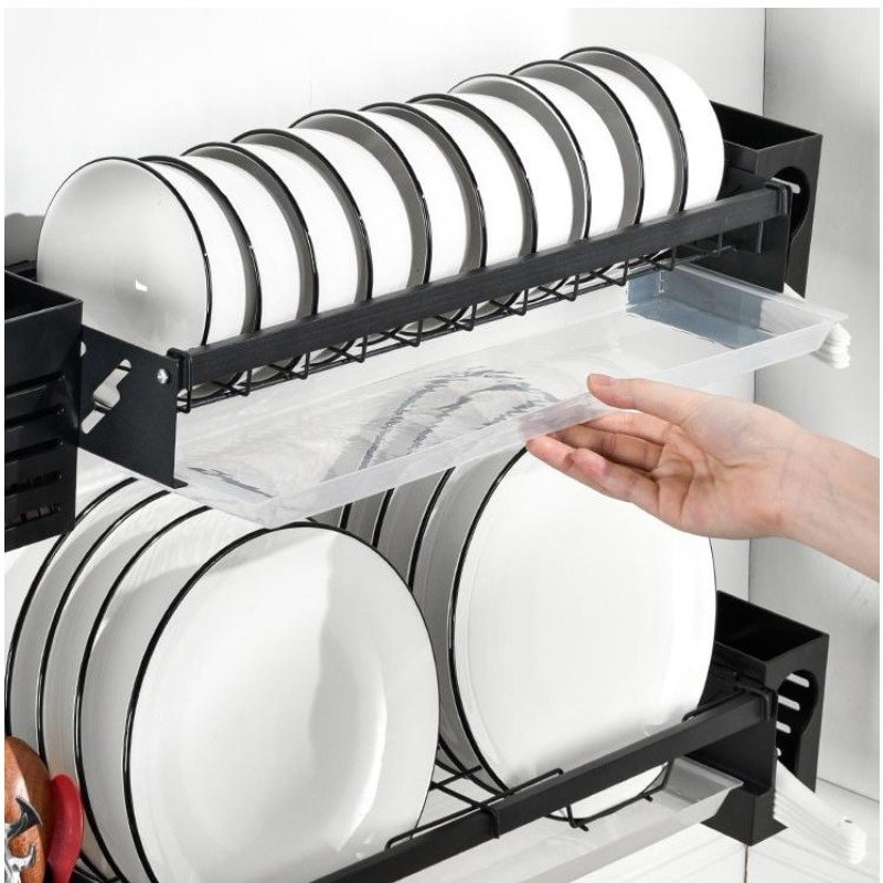 Dish Drainer Suspended Wall Drying Rack Kitchen Sink Organizer Bowl Plate Tableware Storage Shelf with Cutlery Holder Black 2