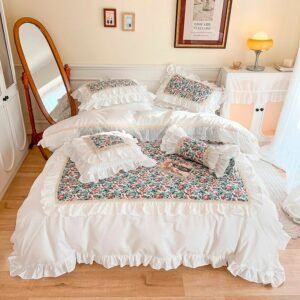 Flowers White Patchwork Duvet Cover with Elegant Lace Ruffle Single Double Queen 100%Cotton Bedskirt Pillowcases Bedding set 1