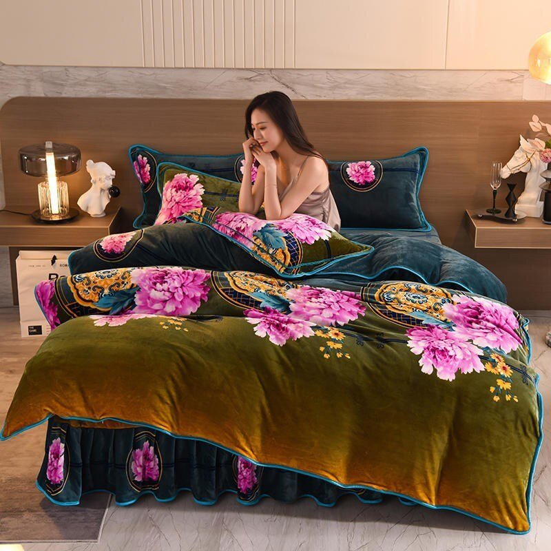 Blooming Peony Soft Fluffy Duvet Cover Set 4Pcs Luxury Cozy Flannel Comforter Cover with Corner Ties Zipper Bed Sheet Pillowcase 1