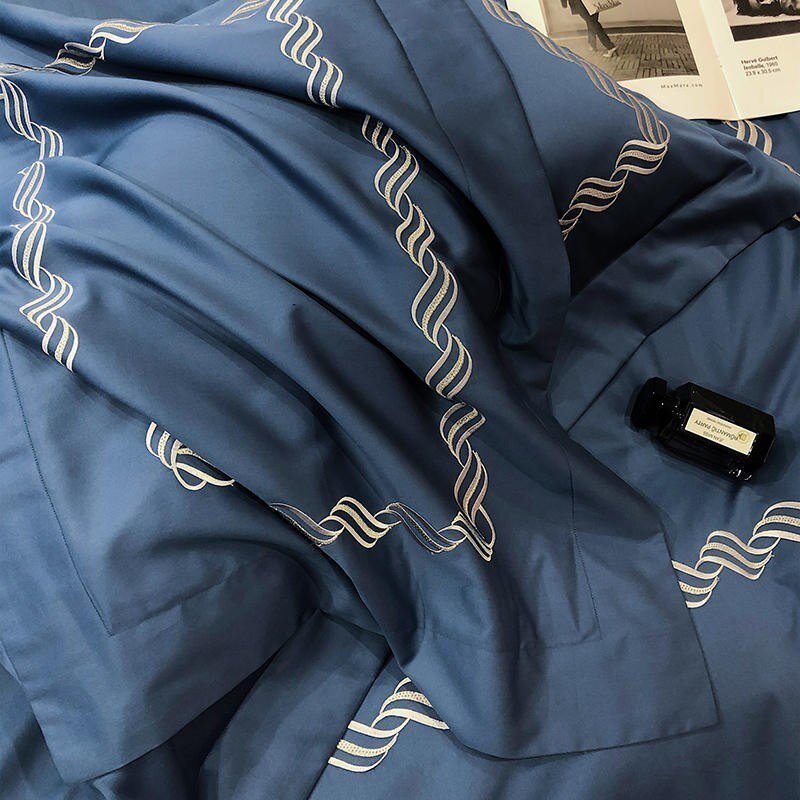 Chic Embroidered Hotel Navy Blue Duvet Cover Bed Sheet Pillowcases 1000TC Egyptian Cotton Bedding set Double Queen King 4Pcs 4