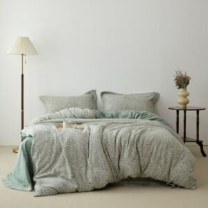 Greyish Green Leopard Jacquard Duvet Cover Fitted Sheet Pillowcases 100%Organic Washed Cotton 600TC Linen-Like 4Pcs Bedding Set 1