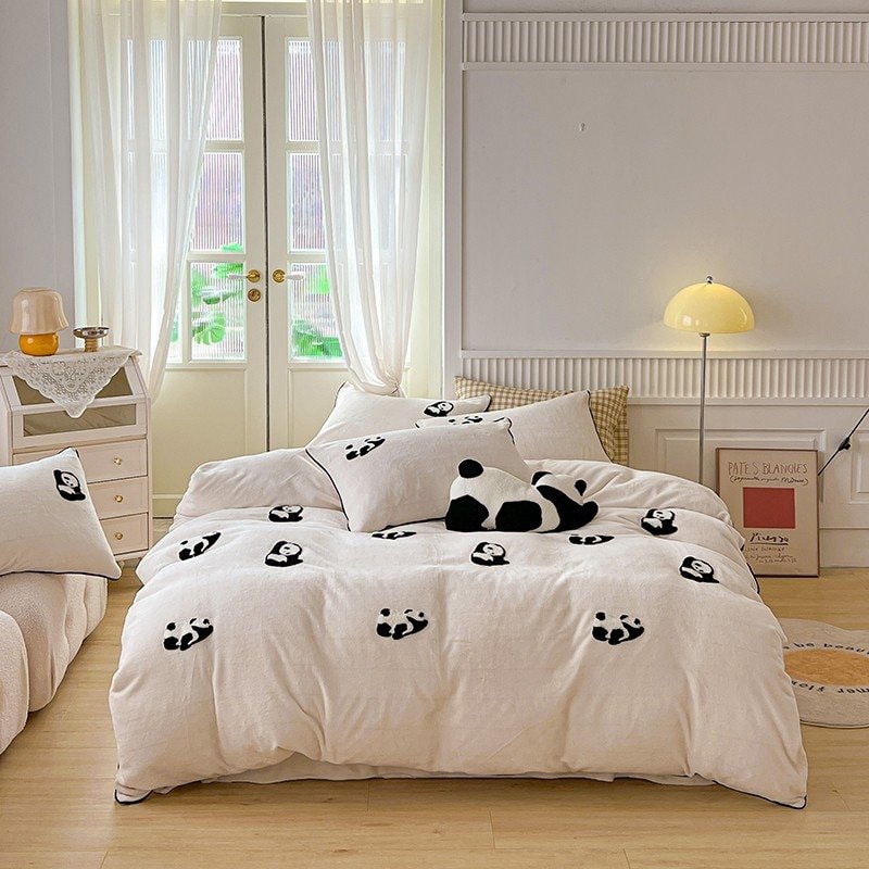 Soft Velvet Duvet Cover Twin Queen Size  Fluffy Flannel Fleece Black Panda Embroidery Comforter Cover Bed Sheet Pillow Shams 1