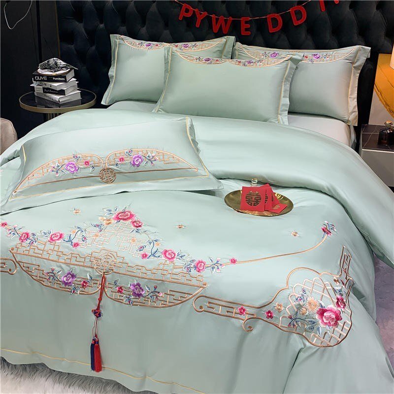 Chic Embroidery Duvet Cover Set Double Queen King 4Pcs Red Sateen Cotton Luxury Bedding,Comforter Cover Bed Sheet Pillowcases 2