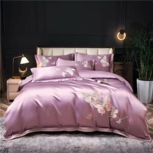 Satin like Silk Cotton Chic Butterfly Embroidery Duvet Cover Set 1 Bed Sheet 2 Pillowcases Double Queen King 4Pcs Bedding Set 1