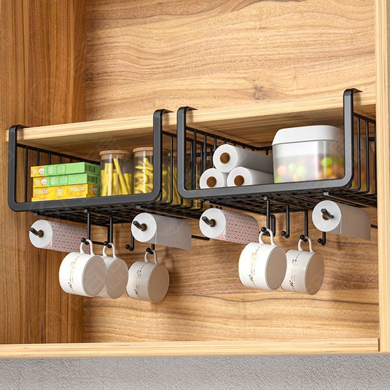 Multifunction Kitchen Under Cabinet Hanging Storage Basket Spice Rack Organizer with Cup Utensils Roll Holder Metal Wire Shelf 1