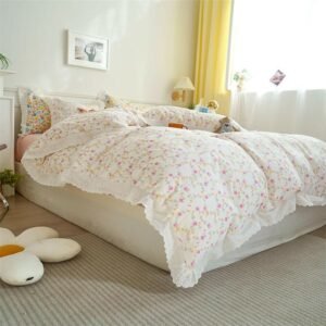 Vintage Garden Floral Bedding Set Pink 4Pcs Girls 100%Cotton Lace Duvet Cover set Quilt Cover Bed Sheet Pillow shams all season 1