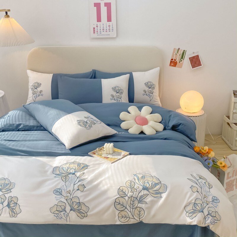 100%Cotton Patchwork Duvet Cover Premium Soft 4Pcs Bedding set Elegant Flowered Embroidery Comforter Cover Bed Sheet Pillowcases 2