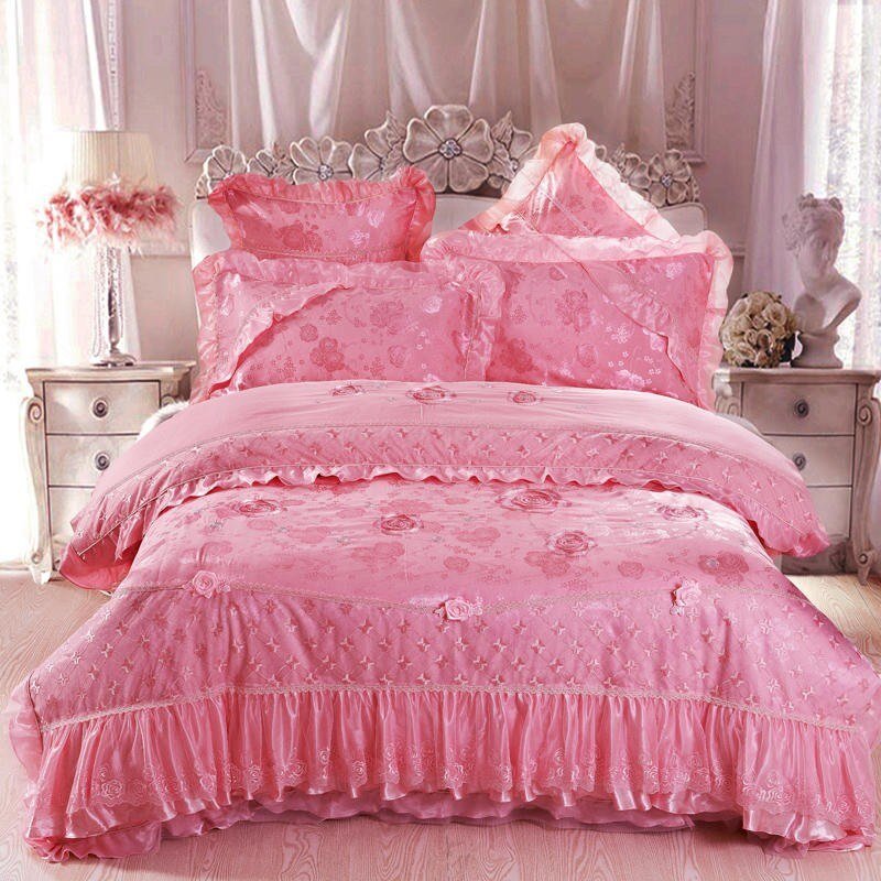 Shabby Chic Lace Ruffle Duvet Cover Set Cotton Chic Embroidery Wedding Bedding set Hot Pink Red 4/6Piece Bed Sheet Pillow shams 1