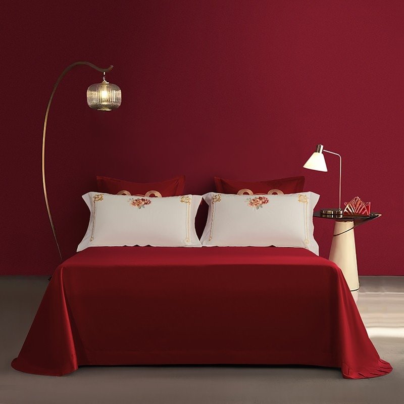 Luxury Double Happiness Blossom Embroidery Wedding Red Bedding Set 4/7Pc 1000TC Egyptian Cotton Duvet cover Bed sheet Pillowcase 6