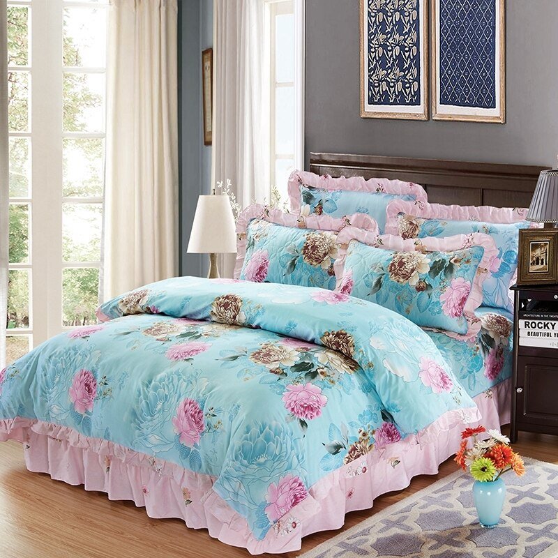 100%Cotton 4Pcs Spring Blossom Flowers Bedding Sets with Quilted Cotton Bed spread Duvet Cover Pillowcase 4/6Pcs Queen King size 6