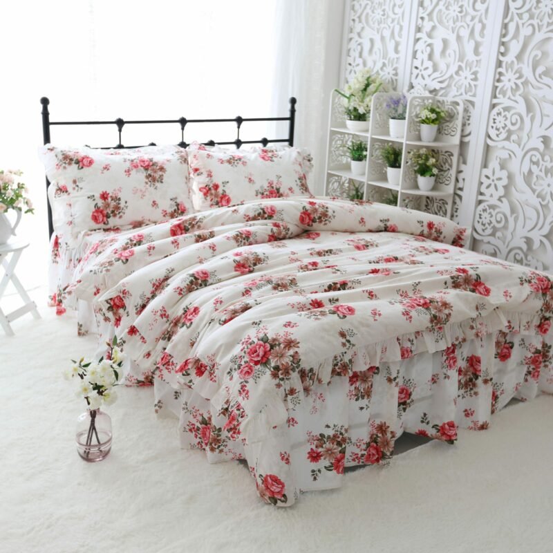 100%Cotton Ultra Soft Breathable Bedding Duvet Cover Set Twin Full Queen size Vibrant Floral Print Ruffles Bedding set Bedskirt 1