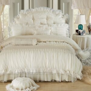 Cotton Jacquard White Pink Lace Princess Bedding sets Full Queen King size Luxury Wedding Duvet cover set Bed skirt Pillowcase 1