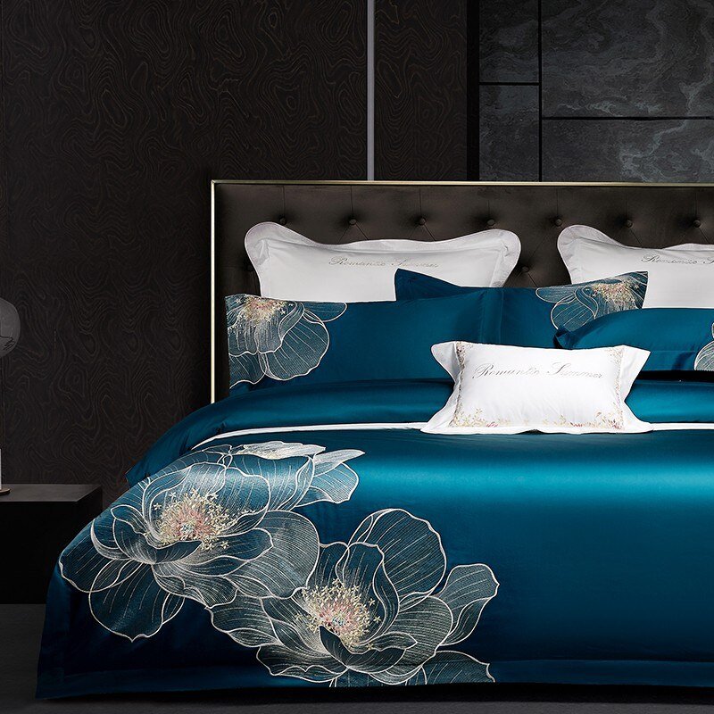 1000TC Long Staple Cotton Blue Bedding set Chic embroidery Blooming Flower Art Duvet cover set Bed Sheet Pillowcases Queen King 2