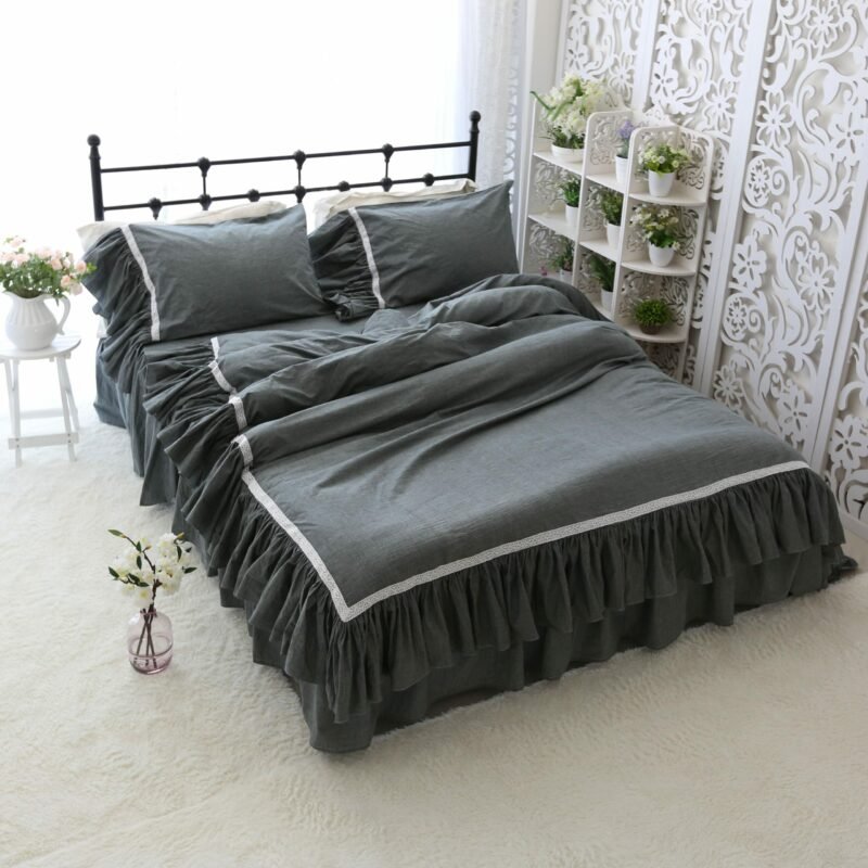 Deep Grey Wide Ruffles Duvet Cover 100%Washed Cotton Shabby Soft Bedding Sets Bedskirt Pillowshams Queen King Twin size 4Pcs 3