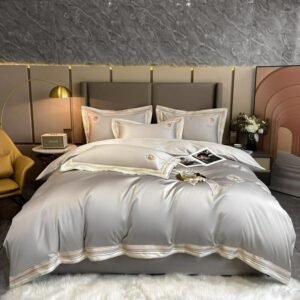 Premium Egyptian Cotton Grayish Bedding set Embroidery Duvet Cover Bed Sheet Pillowcases Breathable Soft Double Queen King 4Pcs 1