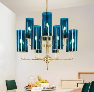 Nordic Light Luxury Postmodern Creative Golden Blue Glass Lampshade Led Chandelier Living Room Restaurant Bar Decorative Lamps 1