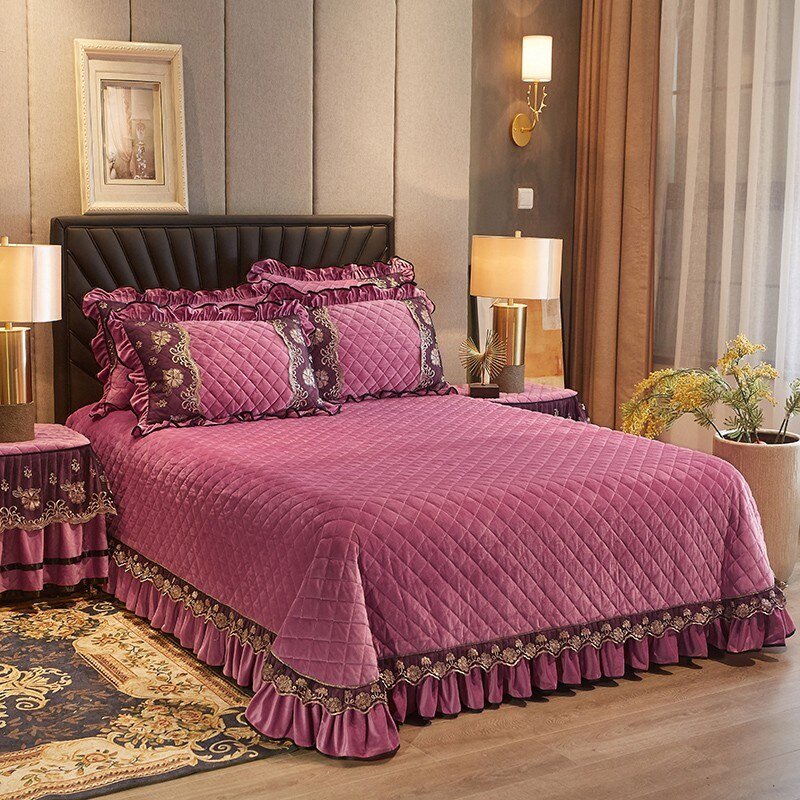 Velvet Diamond Quilted Bedspread with Drop Dust Ruffles Bed Cover set Super Soft Warm 250X250/250X270cm 3/5Pcs 1