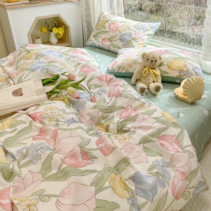 100%Cotton Lovely Spring Blooming Flowers Garden Fresh Green Duvet cover Bed Sheet Pillowcases Twin Double Queen 4Pcs Bedding 6