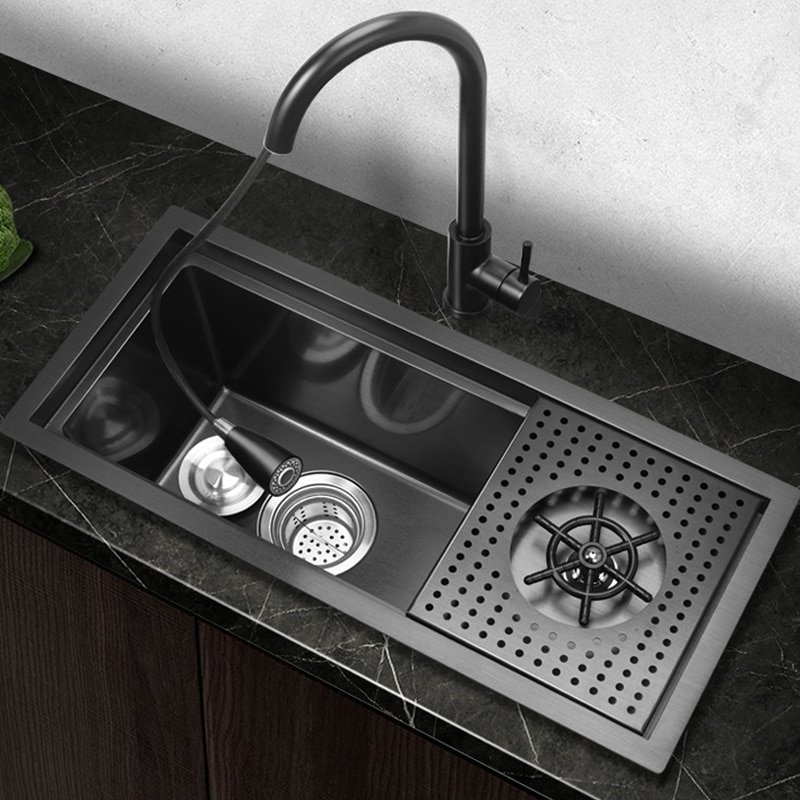 Nano Black 304 Stainless Steel Kitchen Sink Topmount Large Single Slot Single Bowl Wash Basin Drain Accessories Cup washer 1