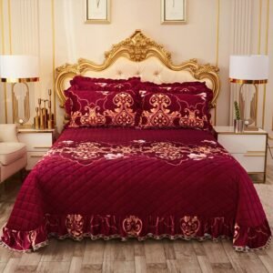 Multi Color Dark Red Floral Printed Bed Cover Super Soft Velvet Quilted Bedspread with Pillow shams 96"X98",96"X106" 3/5Pieces 1