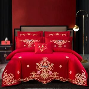 400TC Brushed Cotton Red Duvet Cover Set Flower Embroidered Blossom Elegant Double Queen King 4Pcs Bedding Bed Sheet Pillowcases 1