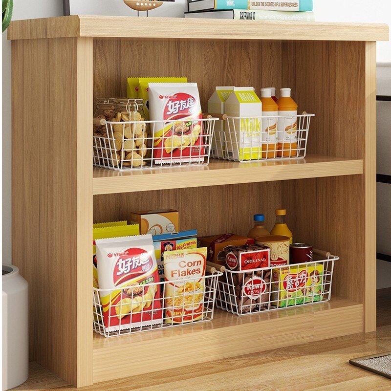 2pcs Metal Iron Wire Basket Wood Handle Shelf Storage Box Pantry Organizer Kitchen Cabinet Spice Holder Snacks Container White 2