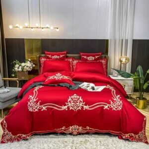 Chic Golden Embroidered Duvet Cover Set Red 4Pcs Full Queen 100%Egyptian Cotton Ultra Soft Comfortable Bed Sheet 2Pillow Shams 1