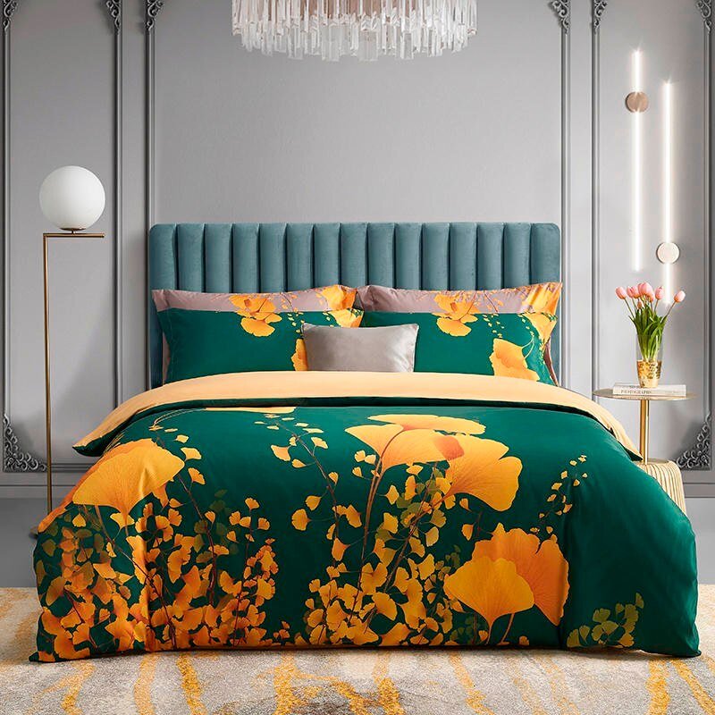 100%Cotton Queen Size Yellow Ginkgo Leaves Bedding Set Bright Duvet Cover with Zipper 1 Bed sheet 2 Pillowcases Easy care Soft 1