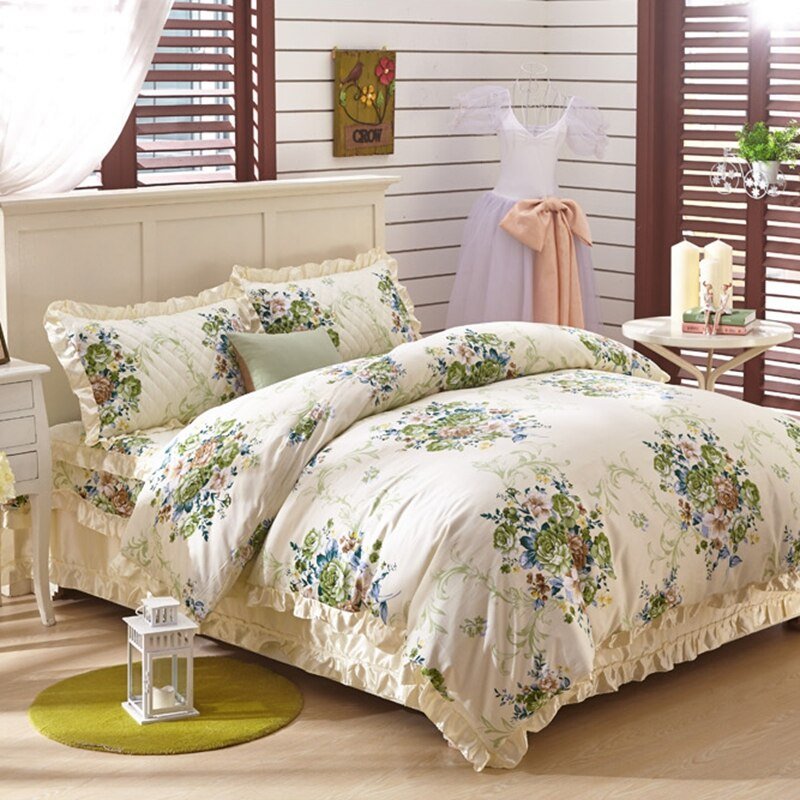 Vintage Style Garden Flowers Duvet Cover Set 100%Cotton Queen King 4/6Pcs Bedding set Quilted Bedskirt/Bedspread Pillow shams 5