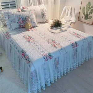 3/5Pcs Farmhouse Floral Wrap Around Ruffle Lace Bed Skirt with Elastic Pillow shams 160X200cm 100%Cotton Quilted Bedspread Queen 1