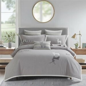 Casual Simple style 100%Washed Cotton Comfy Duvet Cover Set 4/7Pcs Gray Deer Chic Double Queen King Bedding Bed Sheet Pillowcase 1