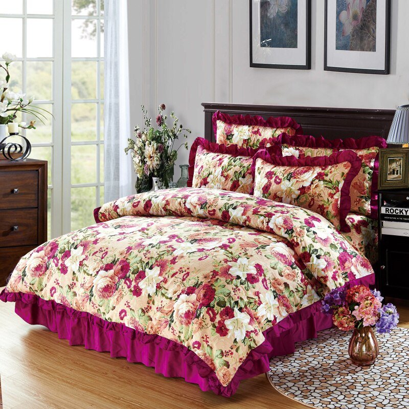 100%Cotton 4Pcs Spring Blossom Flowers Bedding Sets with Quilted Cotton Bed spread Duvet Cover Pillowcase 4/6Pcs Queen King size 3
